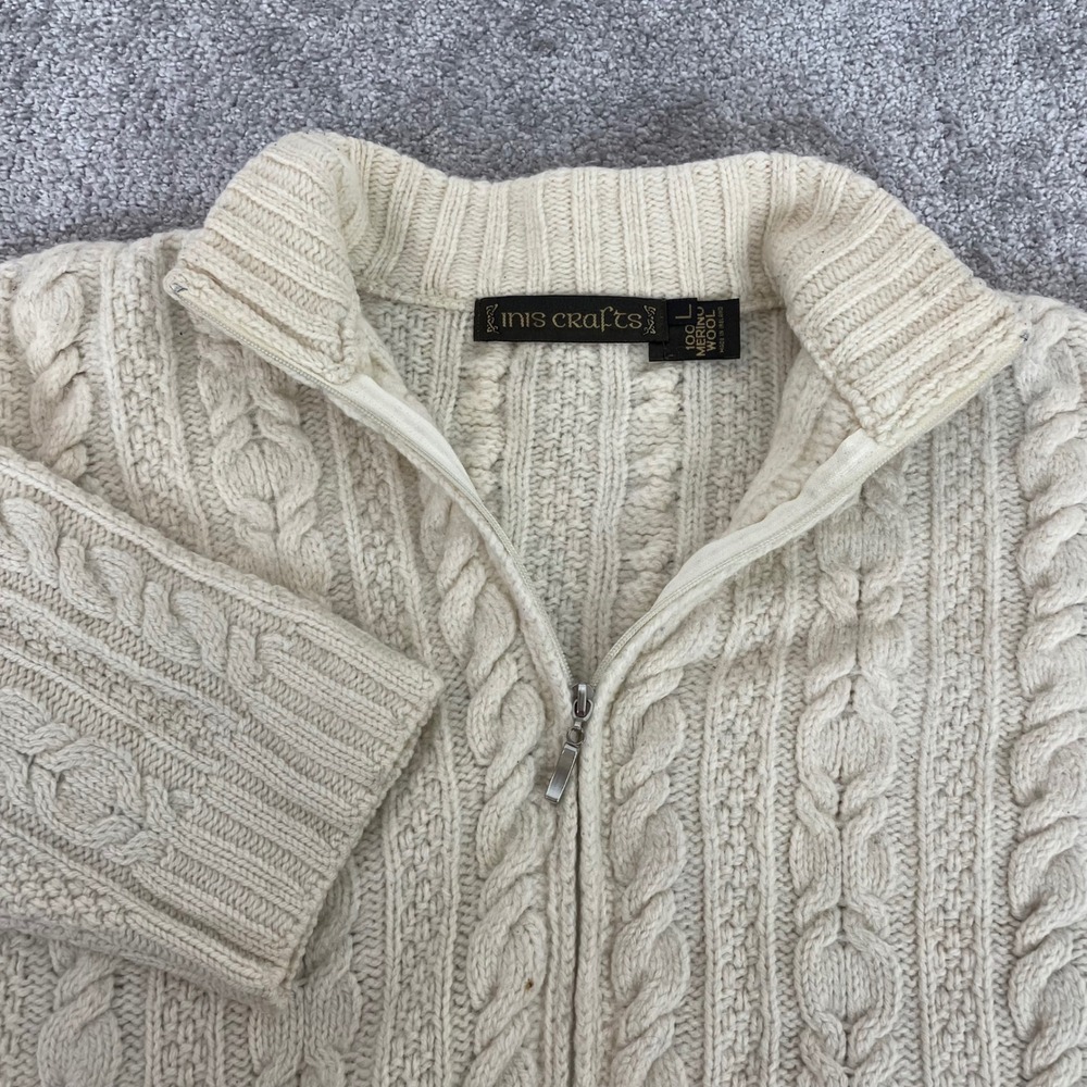 Inis Crafts Sweater Womens Large Merino Wool Ireland Full Zip Cable Knit Cream